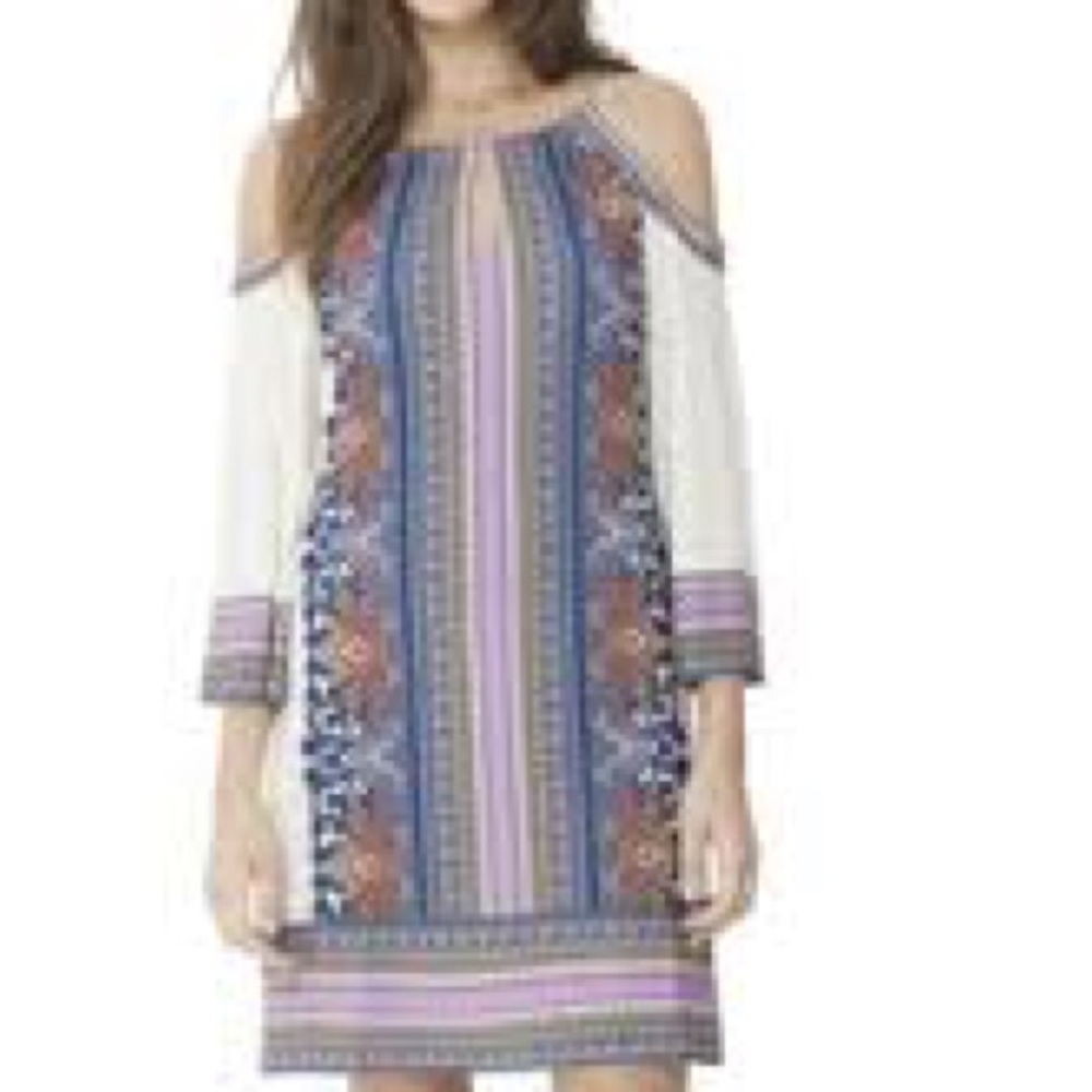 🆕 Hale Bob Ivory Multi Color Boho Pattern Cold Shoulder Dress, NWT, Size S